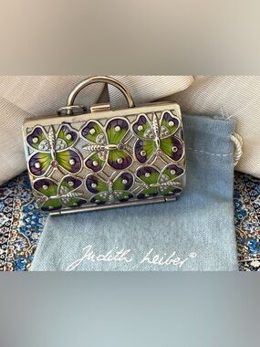 Judith Leiber Purple and Green Butterfly Minaudière Pillbox Trinket Box